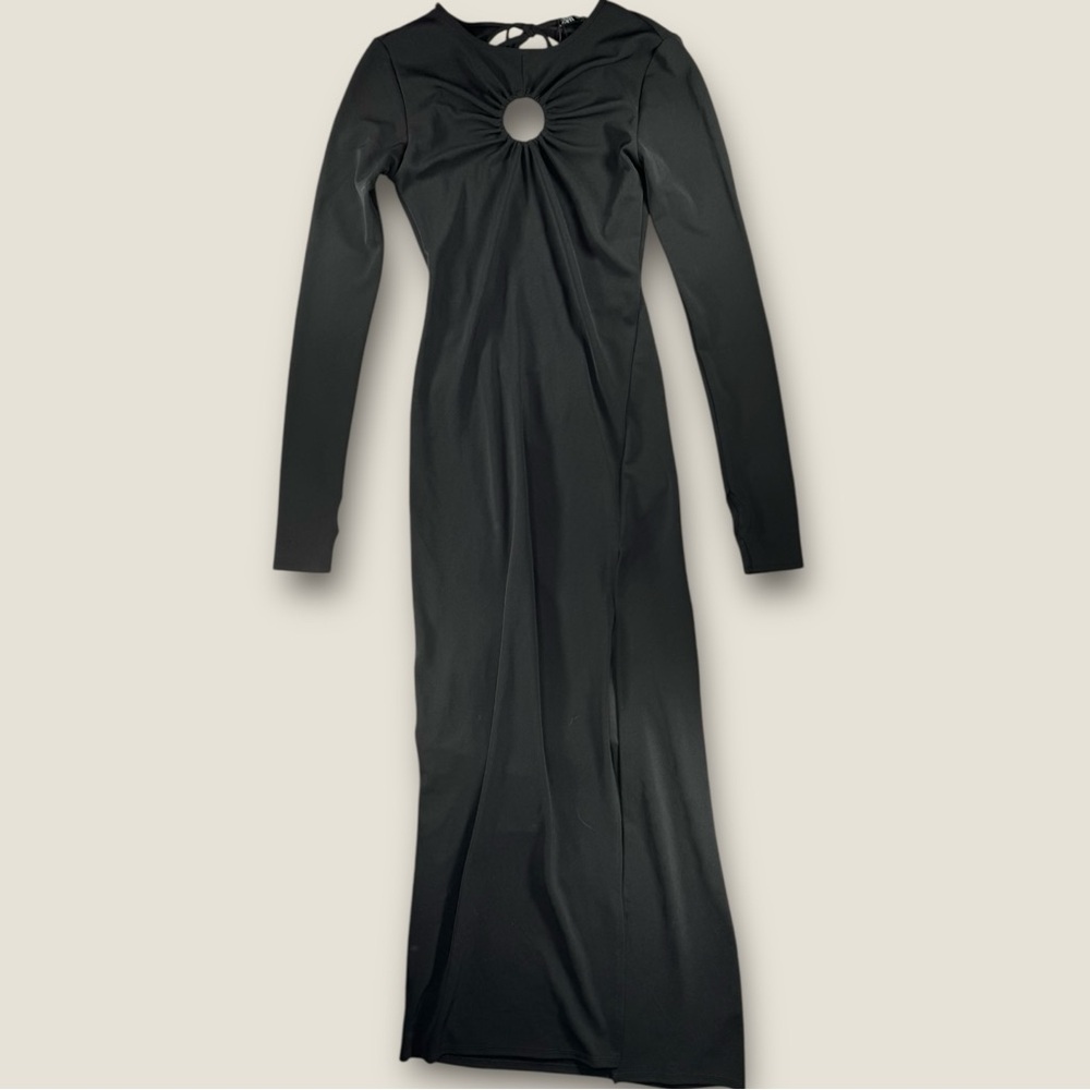 Zara‎ Womens Black Long Sleeve Maxi Dress Open Back Tie Closure Slit Detail